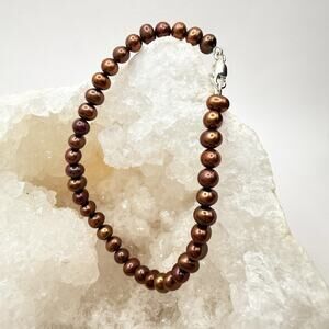 Chocolate Cultured Pearl Bracelet 925 Sterling Silver Clasp 7” Brown
